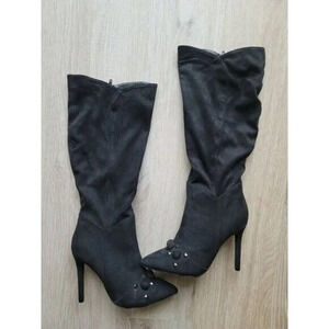 Yoki Black Faux Suede Sock Knee High Pointed Toe Studded High Heel Boots 8